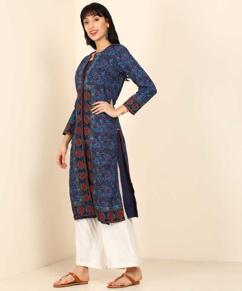 Pure Cotton Ethnic Motifs Printed A-Line Block Print Sanganeri Kurta/ Linen Kurta/
