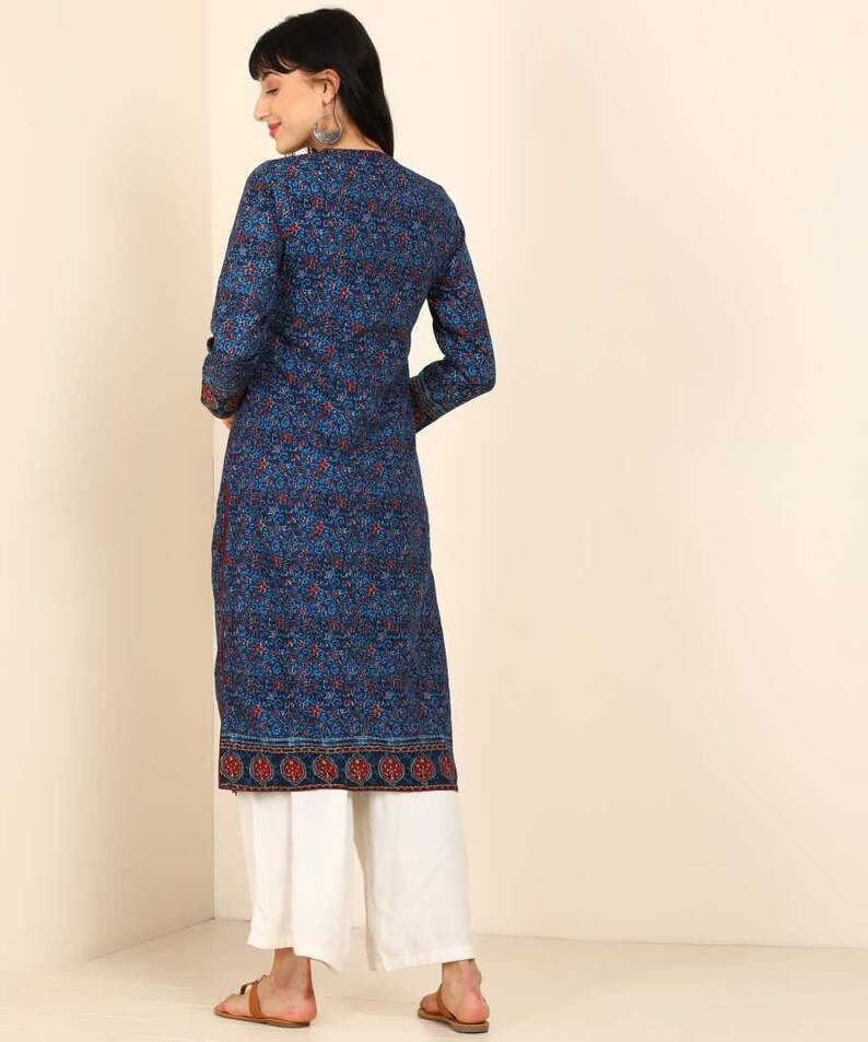 Pure Cotton Ethnic Motifs Printed A-Line Block Print Sanganeri Kurta/ Linen Kurta/