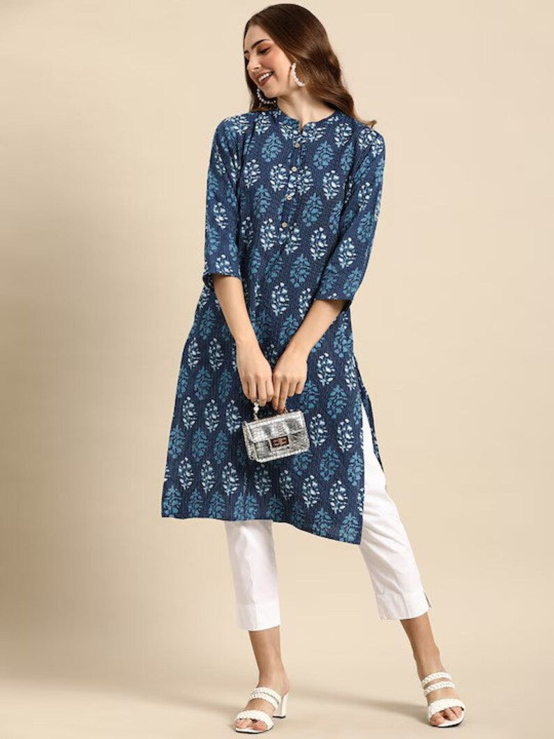 Dabu Print Long Linen Dress/ Kurta/ Cotton Silk/ Organic/ Indigo/