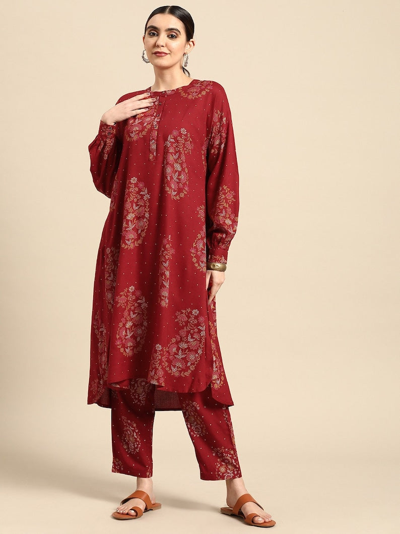 Red/ Off white printed Kurta with Trousers/ Mandarin Collar/ Cotton/ Linen Dress/ Pockets
