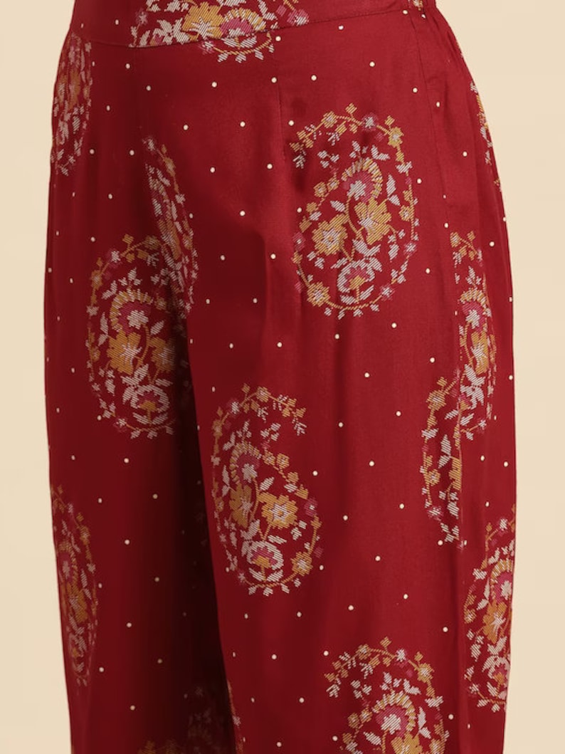 Red/ Off white printed Kurta with Trousers/ Mandarin Collar/ Cotton/ Linen Dress/ Pockets