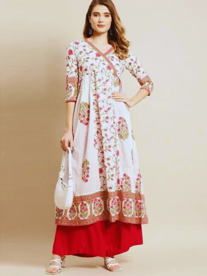 Pure Cotton Ethnic Motifs Printed A-Line Block Print Sanganeri Kurta/ Linen Kurta/