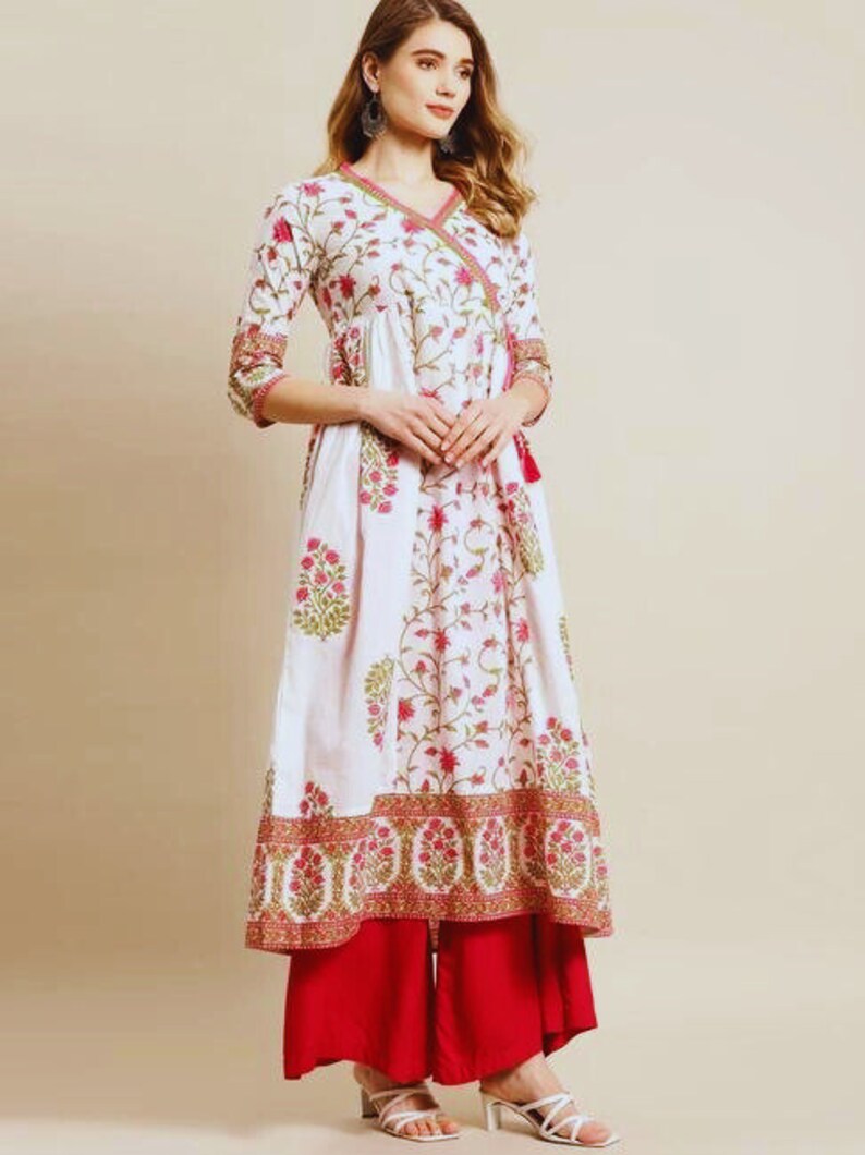 Pure Cotton Ethnic Motifs Printed A-Line Block Print Sanganeri Kurta/ Linen Kurta/
