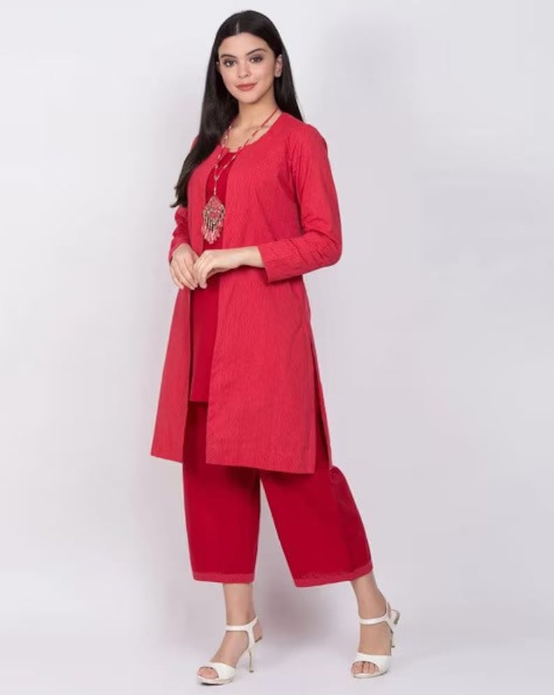 Kurta Palazzo Set with ethnic jacket/ Organic Cotton/ Long Linen Dress/ Boho/