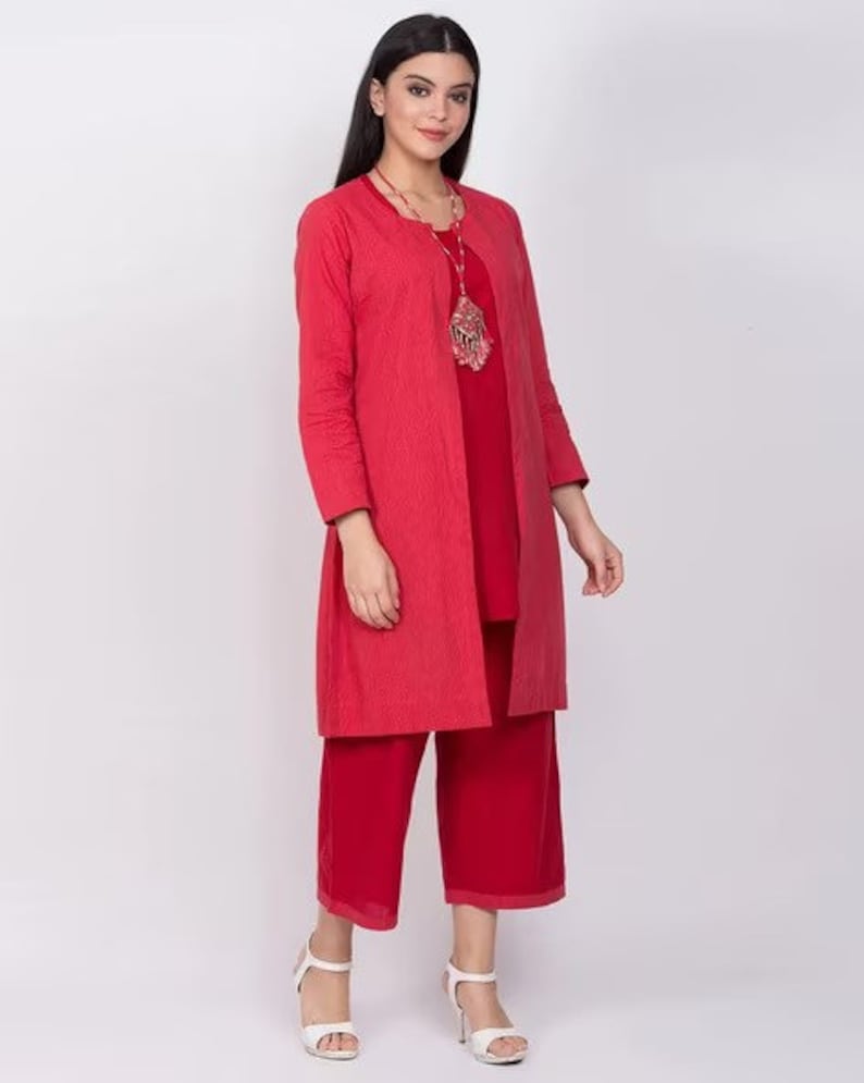 Kurta Palazzo Set with ethnic jacket/ Organic Cotton/ Long Linen Dress/ Boho/