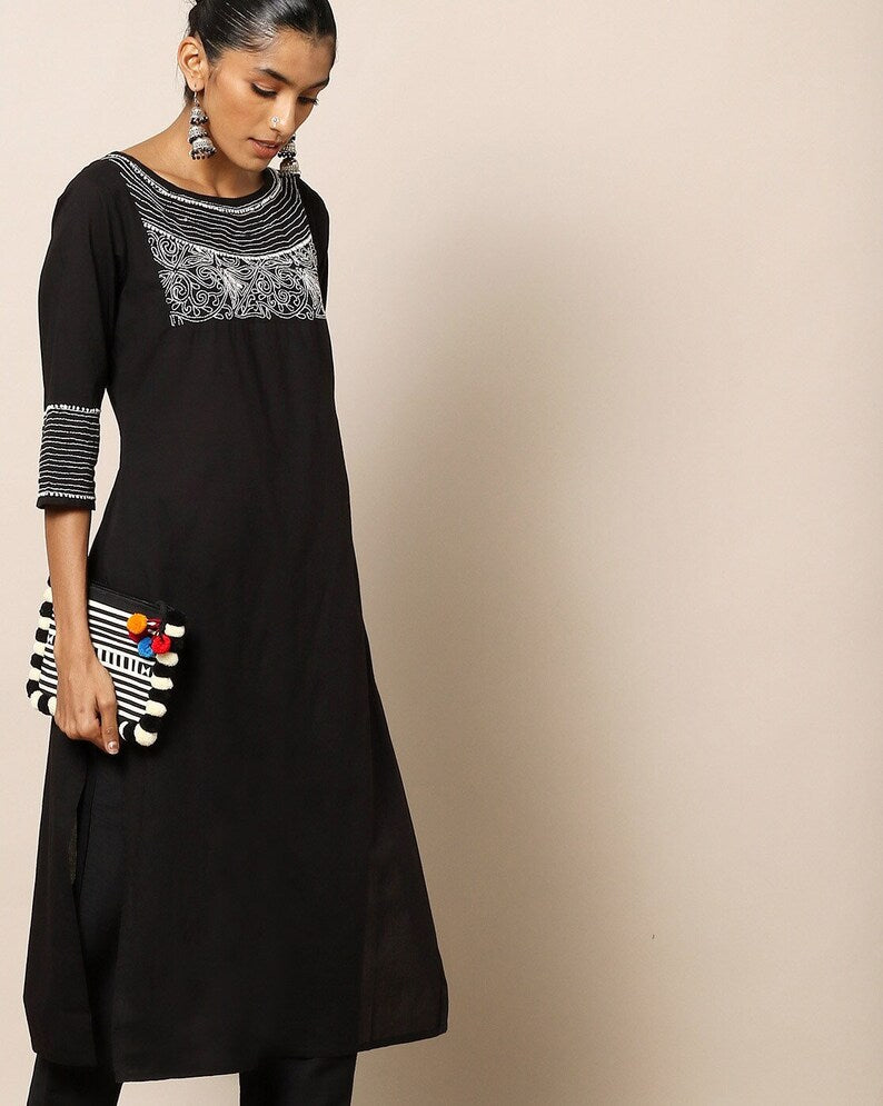 Black Embroidered Kanth work Cotton Kurta/ Indian Kurta/ Long Linen Dress/