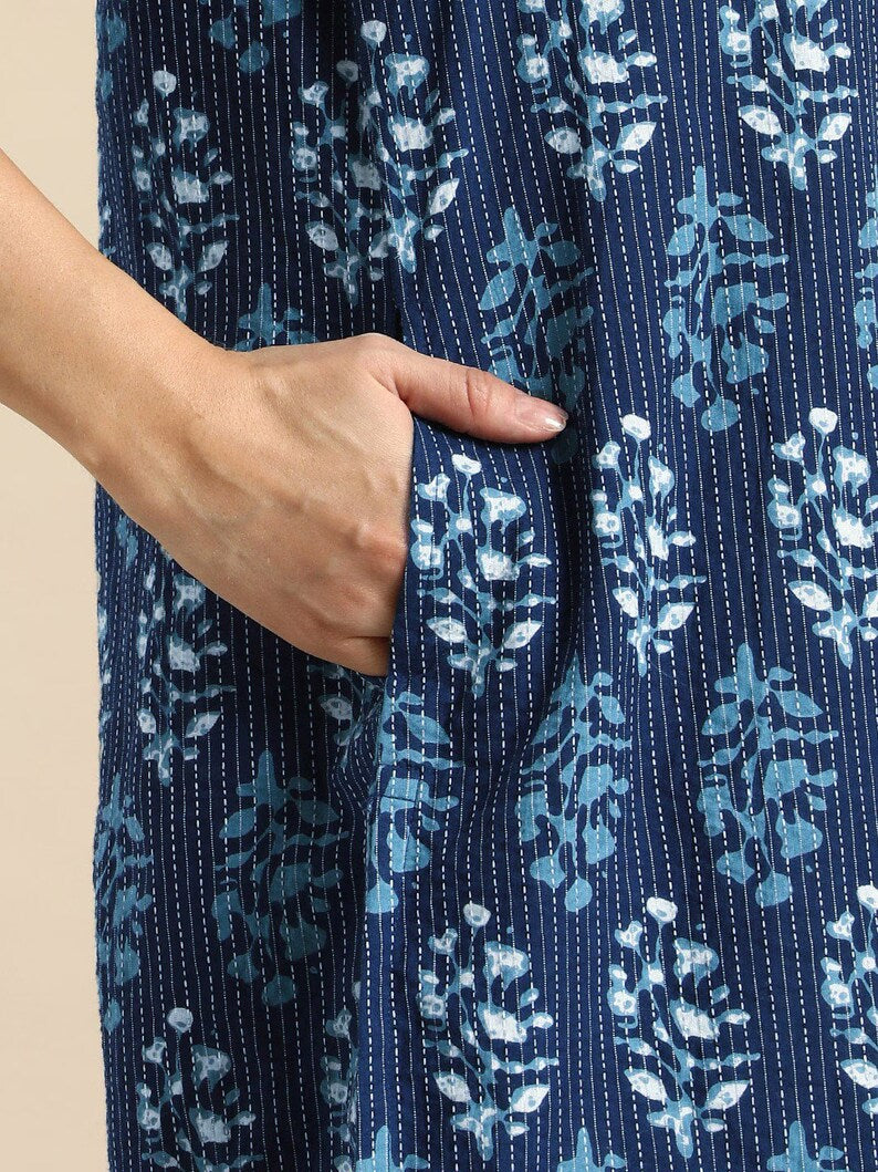 Dabu Print Long Linen Dress/ Kurta/ Cotton Silk/ Organic/ Indigo/