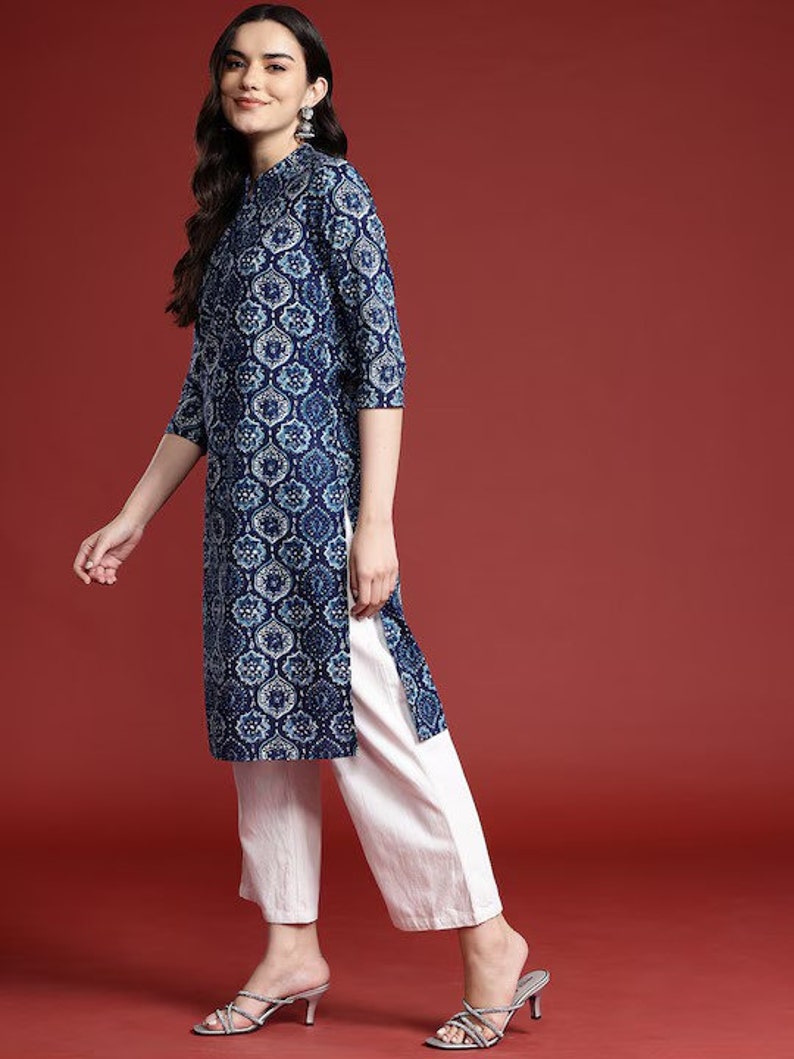 Dabu Print Long Linen Dress/ Kurta/ Cotton Silk/ Organic/ Indigo/
