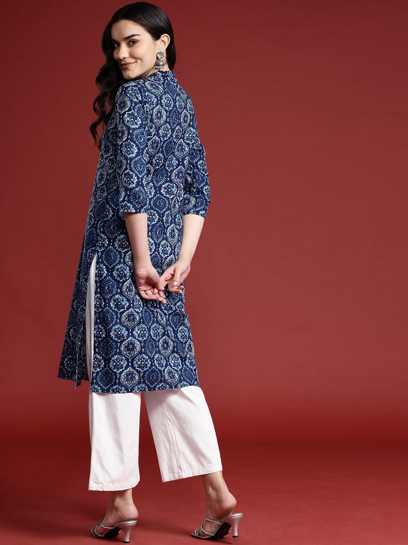 Dabu Print Long Linen Dress/ Kurta/ Cotton Silk/ Organic/ Indigo/