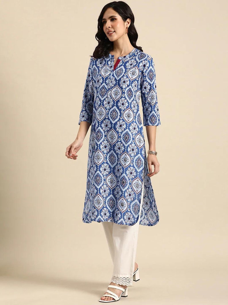 Dabu Print Long Linen Dress/ Kurta/ Cotton Silk/ Organic/ Indigo/