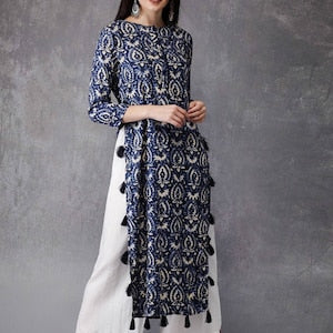 Cotton authentic Kurta/Kurta with Tassel Tunic/Long A line Dress/Batik Print/Bollywood/Handmade/Tassel/Bohemian/India/Summer