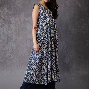 Off-white & blue printed A-line kurta. Dabu- Printed Indigo-Dyed Cotton Kurtas- Tunic- Ethnic.