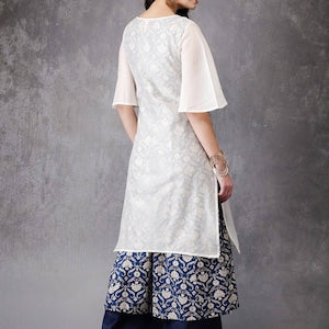 Off-white & blue printed A-line kurta. Dabu- Printed Indigo-Dyed Cotton Kurtas- Tunic- Ethnic.