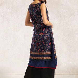 Navy blue printed A-line layered kurta.