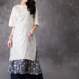 Off-white & blue printed A-line kurta. Dabu- Printed Indigo-Dyed Cotton Kurtas- Tunic- Ethnic.