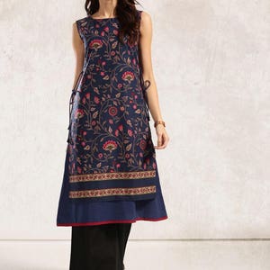 Navy blue printed A-line layered kurta.