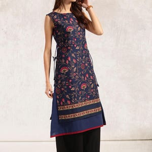 Navy blue printed A-line layered kurta.