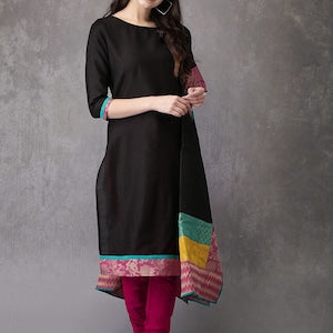 Ethnic Pure Cotton Silk Blend Kurta with Churidar Dupatta Set/ Tunic/ India/ Block Print/