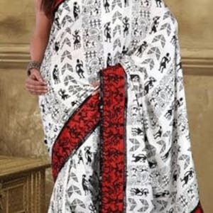 Warli Print Embroidered silk saree/ Bollywood/ Ethnic/ India/ Traditional/