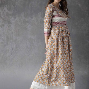 Long Tunic Dress/Ethnic/ Organic Cotton Silk Blend Kurta / Long Dress/Embroidered Thread Work/Floral Block Print / Bollywood/Ethical Fashion