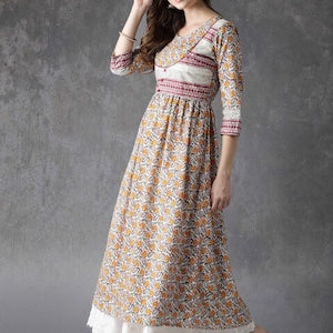 Long Tunic Dress/Ethnic/ Organic Cotton Silk Blend Kurta / Long Dress/Embroidered Thread Work/Floral Block Print / Bollywood/Ethical Fashion