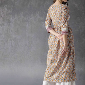 Long Tunic Dress/Ethnic/ Organic Cotton Silk Blend Kurta / Long Dress/Embroidered Thread Work/Floral Block Print / Bollywood/Ethical Fashion