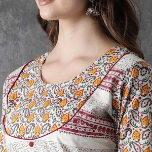 Long Tunic Dress/Ethnic/ Organic Cotton Silk Blend Kurta / Long Dress/Embroidered Thread Work/Floral Block Print / Bollywood/Ethical Fashion