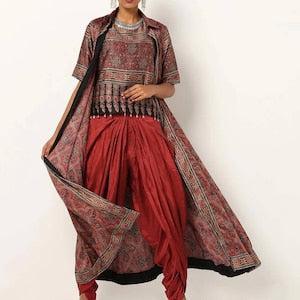 Kaftan/Indian Ethnic Kurta with palazzo pant and Jacket/ Layered Kurta/ Long Dress Set/Palazzo/ Jacket/ Block Print/Modal Silk