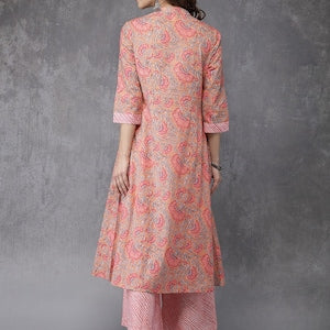 Printed Soft Pink Long Dress/Palazzo Pant/Shirt/Tunic/Ladies Cotton Kurti/Handmade/ Ethnic Wear/Block Print/ Summer wear /Bohemian