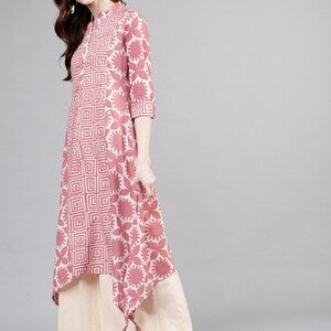 Printed Soft Pink Long Dress/Palazzo Pant/Shirt/Tunic/Ladies Cotton Kurti/Handmade/ Ethnic Wear/Block Print/ Summer wear /Bohemian