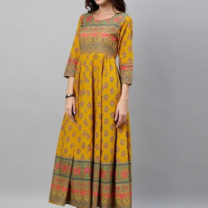 Mustard Yellow woven design A-Line kurta/Cotton/Tunic/Long Dress/Batik Print/Bollywood/Handmade/Anarkali/ Bollywood/ India