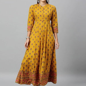 Mustard Yellow woven design A-Line kurta/Cotton/Tunic/Long Dress/Batik Print/Bollywood/Handmade/Anarkali/ Bollywood/ India