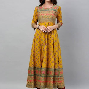 Mustard Yellow woven design A-Line kurta/Cotton/Tunic/Long Dress/Batik Print/Bollywood/Handmade/Anarkali/ Bollywood/ India