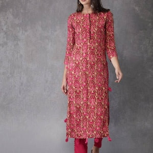 Cotton authentic Kurta/Kurta with Tassel Tunic/Long A line Dress/Batik Print/Bollywood/Handmade/Tassel/Bohemian/India/Summer