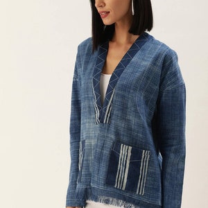 Women Indigo Dyed and Hand Block Print Open Front Patchwork Sustainable Jacket with Flared Hem/ India/ Ethnic/ Fusion Wear/