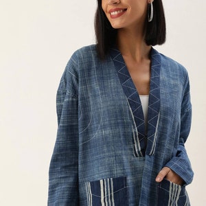 Women Indigo Dyed and Hand Block Print Open Front Patchwork Sustainable Jacket with Flared Hem/ India/ Ethnic/ Fusion Wear/