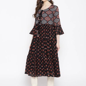 Linen Dress/ Linen Long/ Women Black & Rust Red Solid Straight Layered Dress/Summer Wear/ Anarkali/ Soft Cotton/ Block Print/