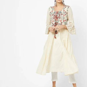 Linen Dress/ Women Off-White & Rust Solid A-Line Linen Dress with Printed Layer