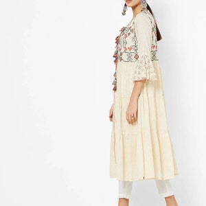 Linen Dress/ Women Off-White & Rust Solid A-Line Linen Dress with Printed Layer