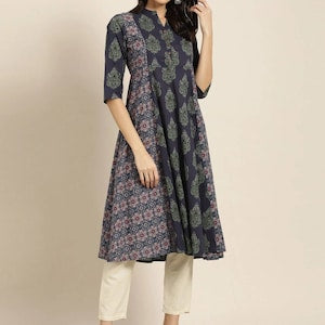 Women New!! Summer Festive Dress/ Tunic/Textured/ 100% Cotton/Double gauze Cotton/India/ Long Top/Ethnic Print Panelled A-Line Kurta