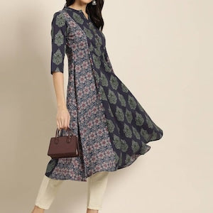 Women New!! Summer Festive Dress/ Tunic/Textured/ 100% Cotton/Double gauze Cotton/India/ Long Top/Ethnic Print Panelled A-Line Kurta