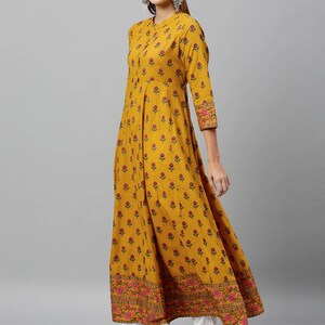 Mustard Yellow woven design A-Line kurta/Cotton/Tunic/Long Dress/Batik Print/Bollywood/Handmade/Anarkali/ Bollywood/ India