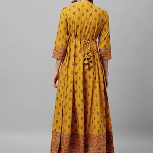 Mustard Yellow woven design A-Line kurta/Cotton/Tunic/Long Dress/Batik Print/Bollywood/Handmade/Anarkali/ Bollywood/ India