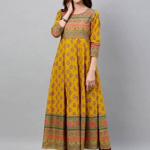 Mustard Yellow woven design A-Line kurta/Cotton/Tunic/Long Dress/Batik Print/Bollywood/Handmade/Anarkali/ Bollywood/ India