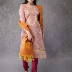 Ethnic Pure Cotton Silk Blend Kurta with Churidar Dupatta Set/ Tunic/ India/ Block Print/