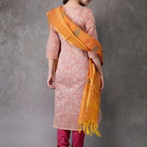 Ethnic Pure Cotton Silk Blend Kurta with Churidar Dupatta Set/ Tunic/ India/ Block Print/