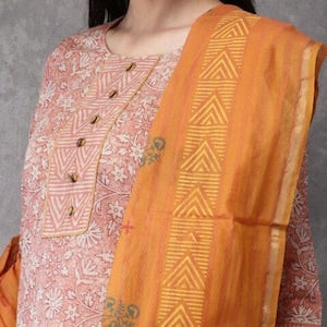 Ethnic Pure Cotton Silk Blend Kurta with Churidar Dupatta Set/ Tunic/ India/ Block Print/