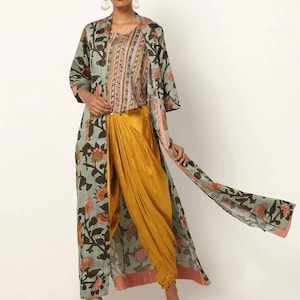 Kaftan/Indian Ethnic Kurta with palazzo pant and Jacket/ Layered Kurta/ Long Dress Set/Palazzo/ Jacket/ Block Print/Modal Silk