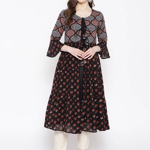 Linen Dress/ Linen Long/ Women Black & Rust Red Solid Straight Layered Dress/Summer Wear/ Anarkali/ Soft Cotton/ Block Print/