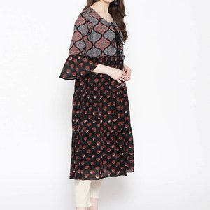 Linen Dress/ Linen Long/ Women Black & Rust Red Solid Straight Layered Dress/Summer Wear/ Anarkali/ Soft Cotton/ Block Print/